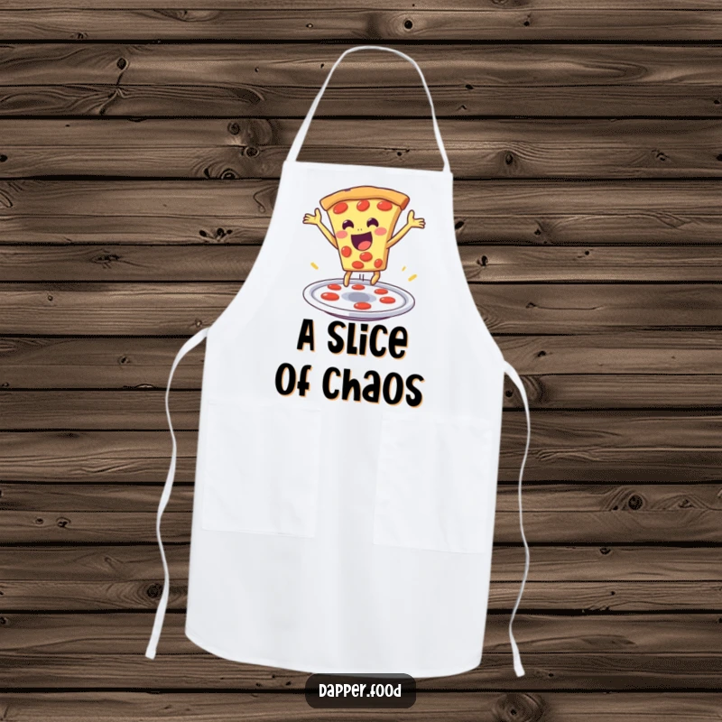 Funny pizza apron showing a delighted pizza slice dramatically leaping from a plate, a fun kitchen accessory.
