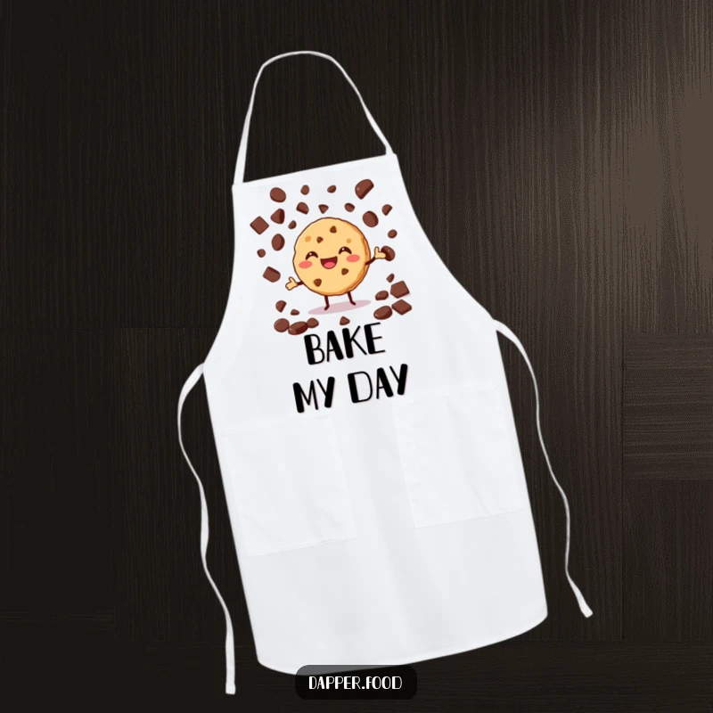 Funny apron print of a grinning cookie enthusiastically juggling chocolate chips, perfect for kitchen creativity.