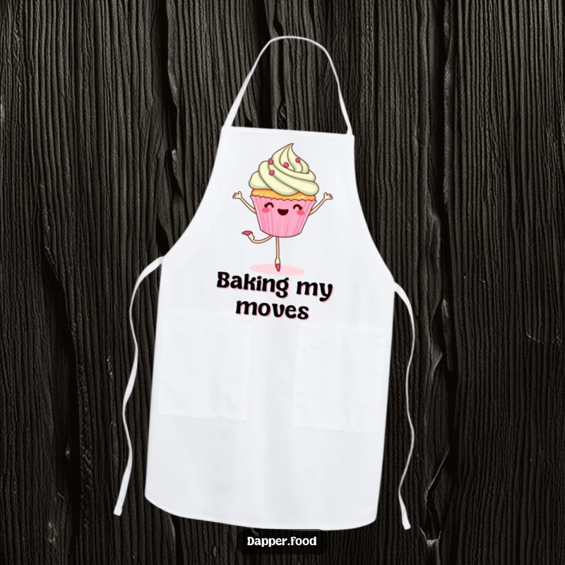 Funny apron showing a cheerful cupcake with legs doing a ballet pirouette, adding humor and sweetness to kitchen tasks.