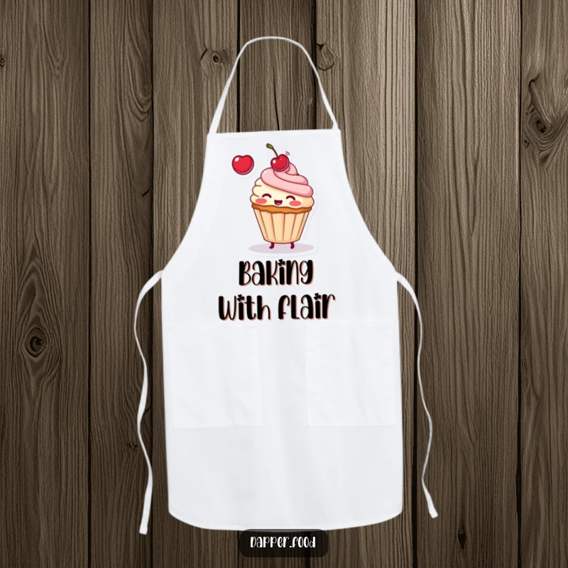 Funny apron illustration of a blushing cupcake character playfully tossing a cherry, ready to bake up some deliciousness.