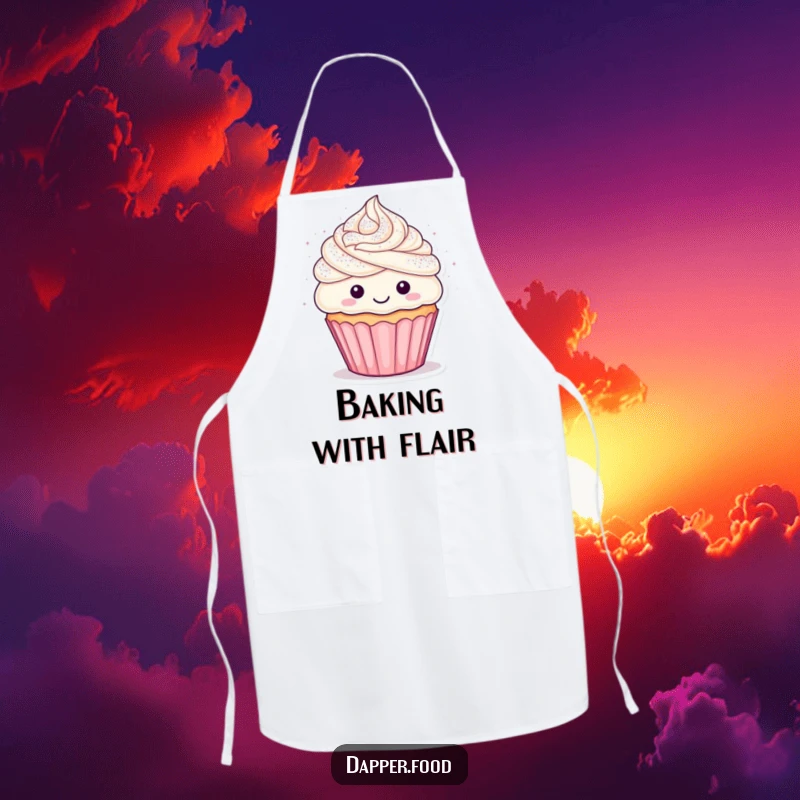 Funny cupcake apron featuring a happy character with frosting hair in a confetti shower, ideal for joyful cooks.
