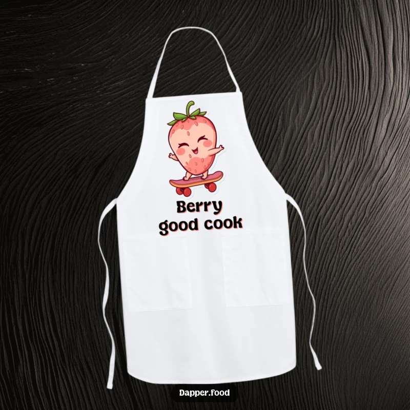 Funny strawberry apron showing a winking strawberry character riding a tiny skateboard, a fun kitchen accessory.
