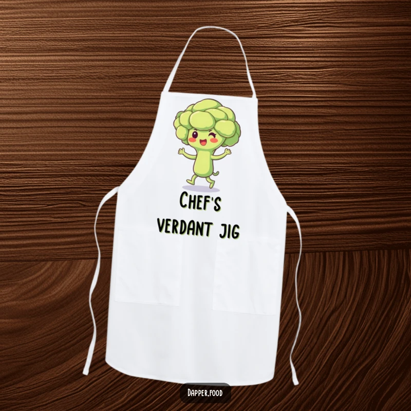 Funny Broccoli Apron showing a beaming broccoli floret character doing a joyful jig, perfect for a fun and humorous cooking experience.