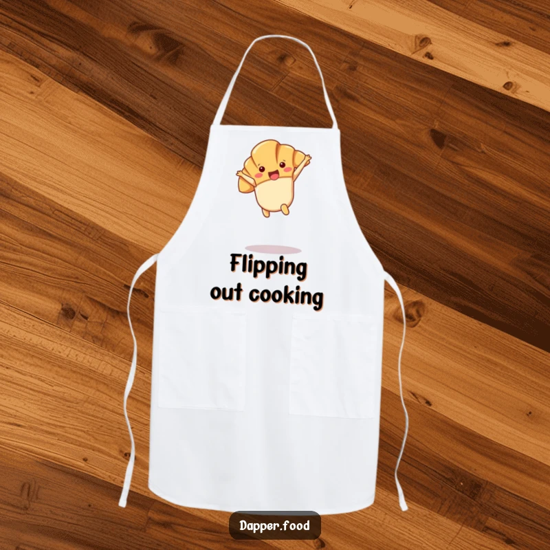 Funny Kawaii croissant character doing a cartwheel in mid-air, printed on a kitchen apron.