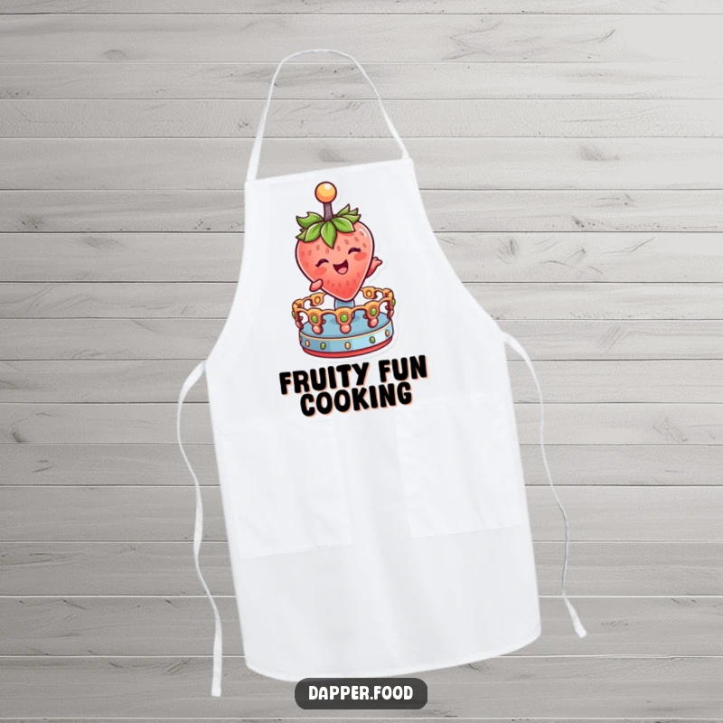 Funny Apron featuring a delighted strawberry character winking and joyfully spinning on a miniature merry-go-round.