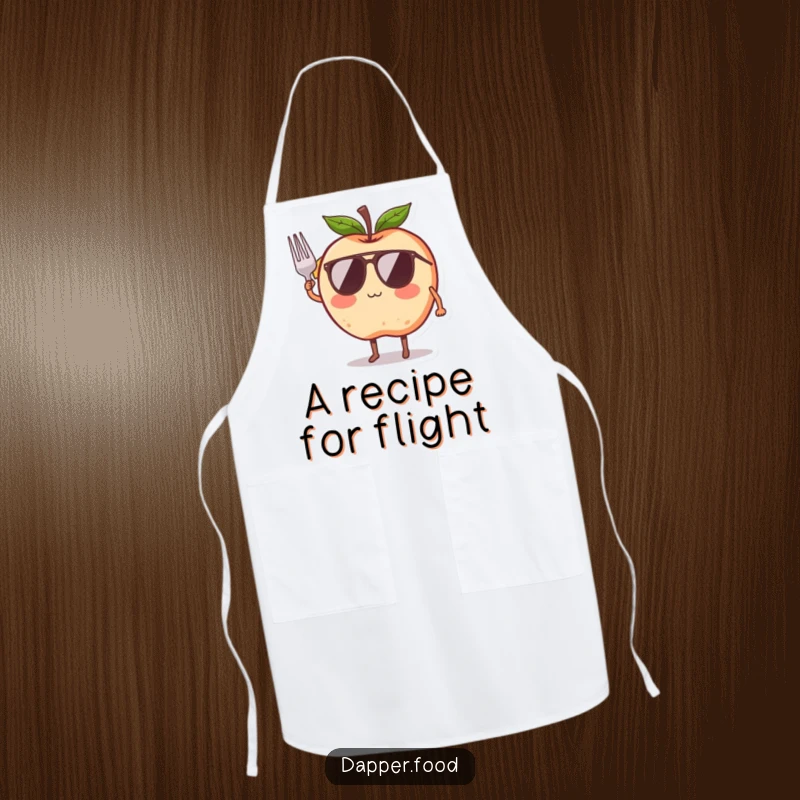 Funny apron showing a blushing apple character with legs and wings, comically trying to fly with a ribbon, for kitchen fun.