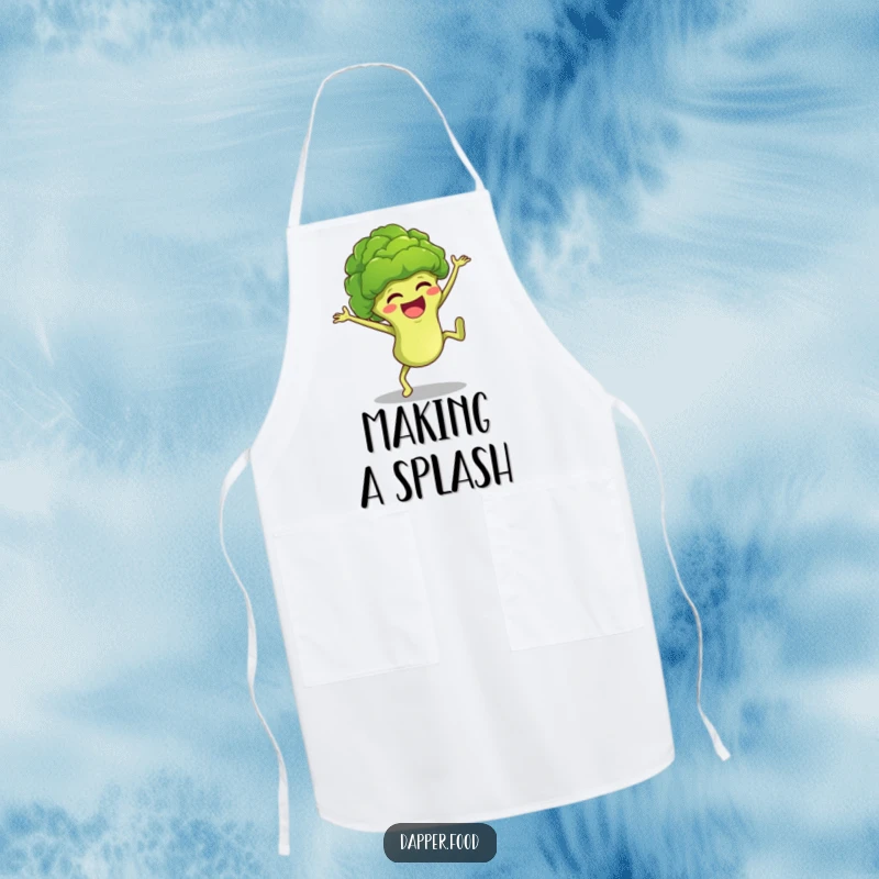 Funny broccoli floret character cartwheeling enthusiastically on a functional apron, perfect for a humorous cooking accessory.
