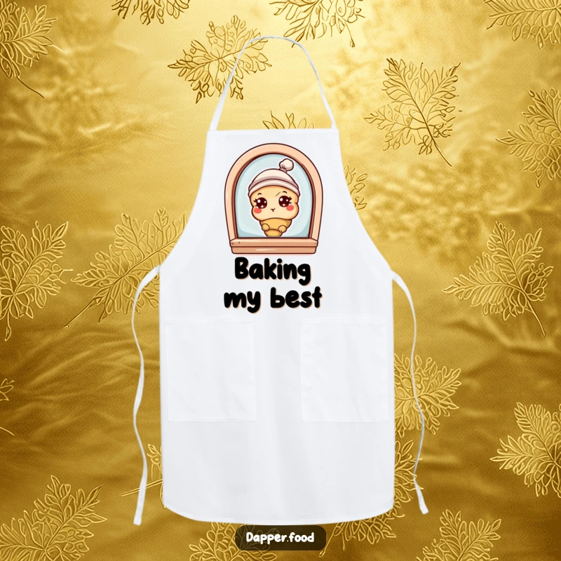 Funny apron featuring a curious croissant character with eyes and a tiny hat, peeking from a bakery window, for kitchen fun.
