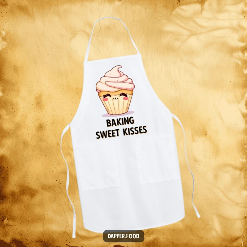 Funny apron showing a giggling cupcake character with frosting blowing a kiss, ready to add sweetness to cooking.