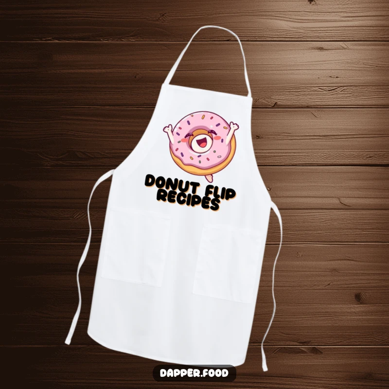 Funny apron showing a delighted donut character with sprinkles in mid-flip, ready to add fun to cooking.