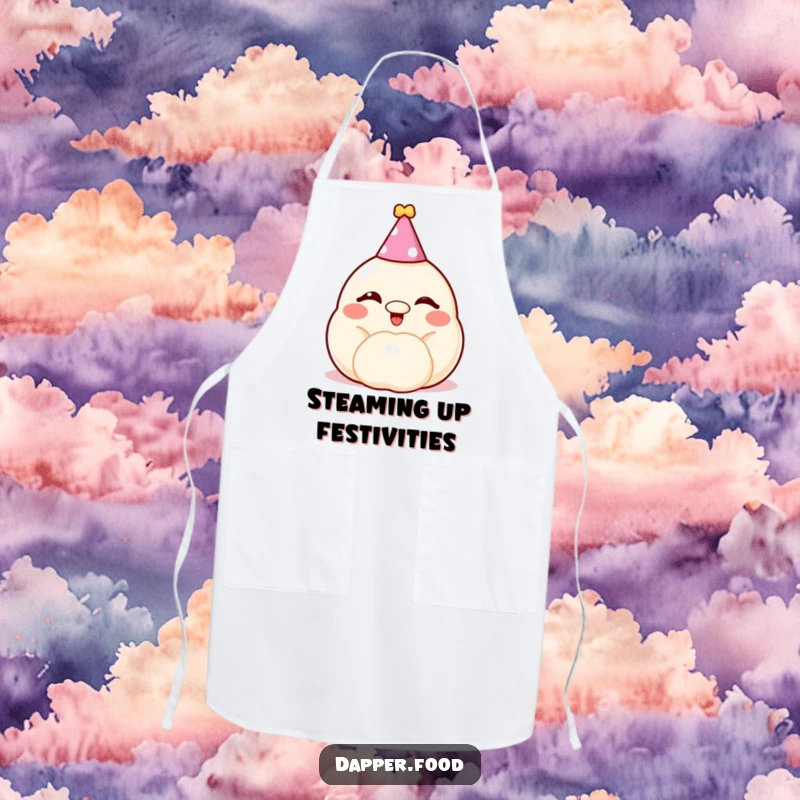 Funny dumpling apron, a cheerful, winking bun wearing a party hat, ready to serve up some fun.