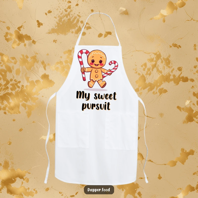 Funny apron showcasing a gingerbread man character running with a huge candy cane, ideal for kitchen tasks and adding a humorous touch.
