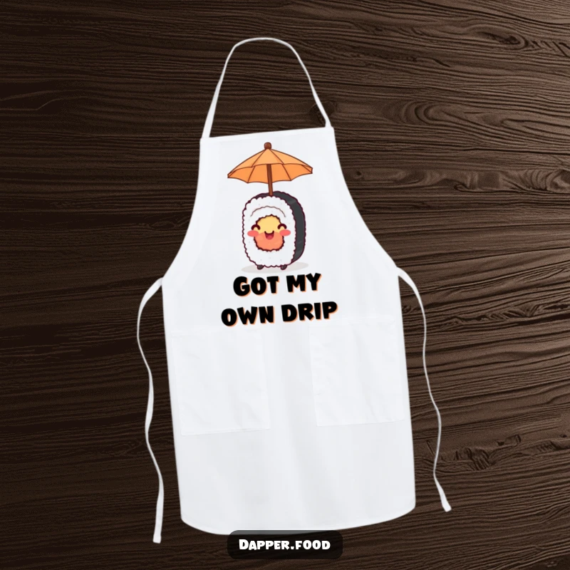 Funny Apron designed with a happy sushi roll balancing a tiny umbrella, adding cheer to cooking.