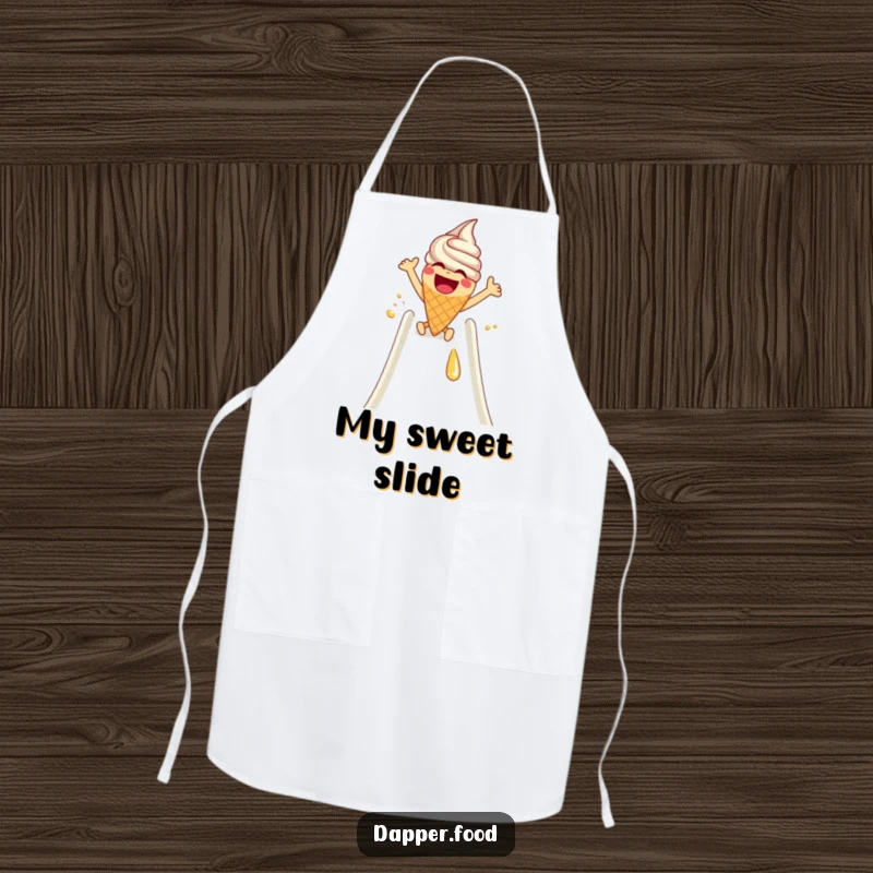 Funny Apron: A laughing ice cream cone with arms slides down a syrup slide, adding sweetness and humor to cooking.