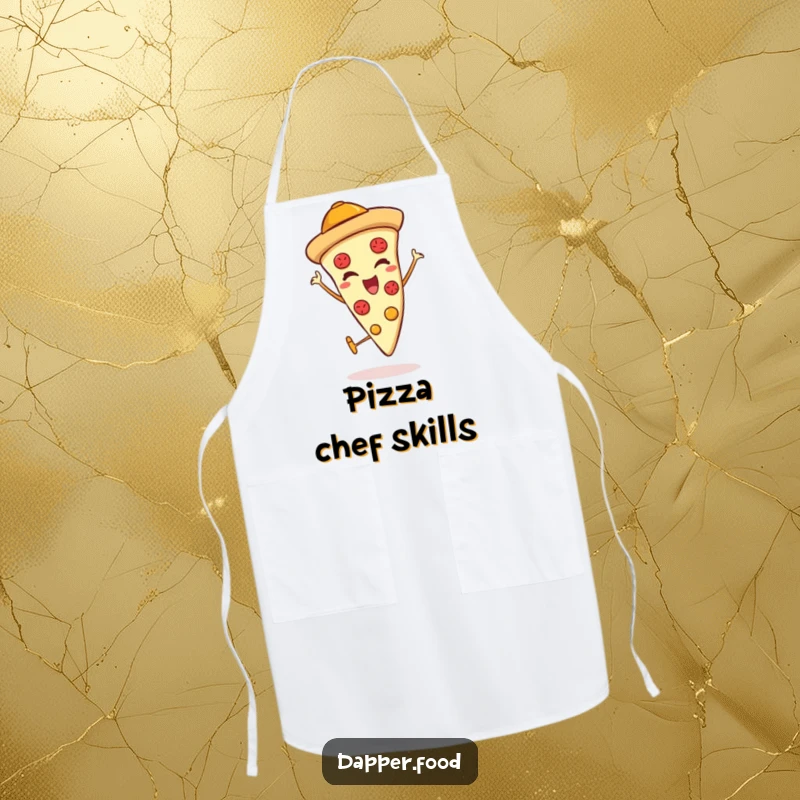 Funny apron showing a pizza slice character with a hat, winking and giving a thumbs up, ready for culinary fun.
