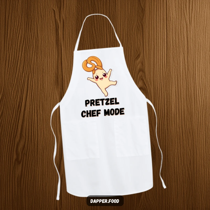Funny pretzel apron, a blissful snack character cartwheeling, perfect for a funny kitchen gift.