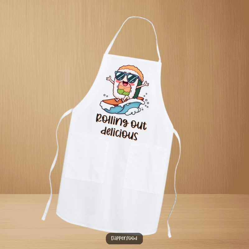 Funny Apron featuring a cheerful sushi roll character in sunglasses, riding a wave, ready to cook.