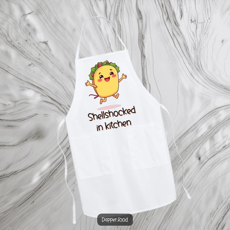 Funny taco apron showing a cheerful taco character jumping rope with its shell while cooking, a playful kitchen accessory.