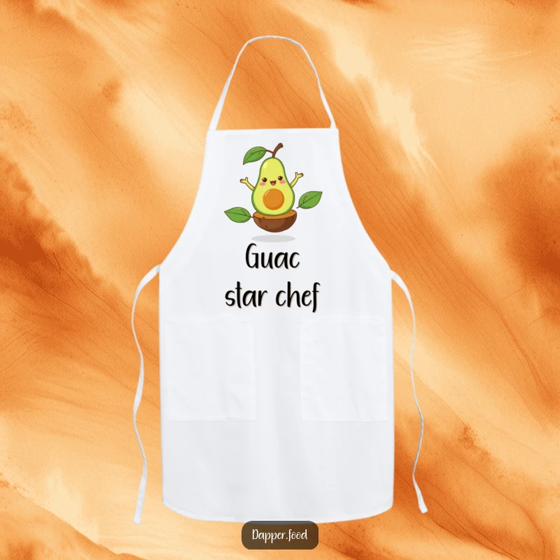 Funny apron print of a happy avocado performing a flamboyant pirouette on its pit, perfect for healthy kitchen creativity.