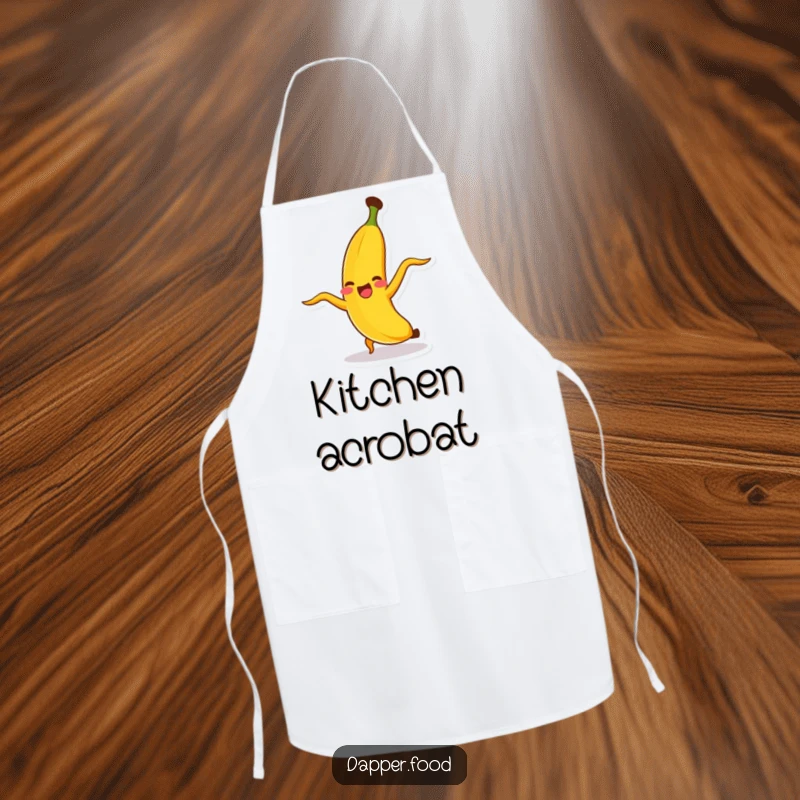 Funny banana character doing a cartwheel, peel flying, ready to cook in this fun and functional apron.