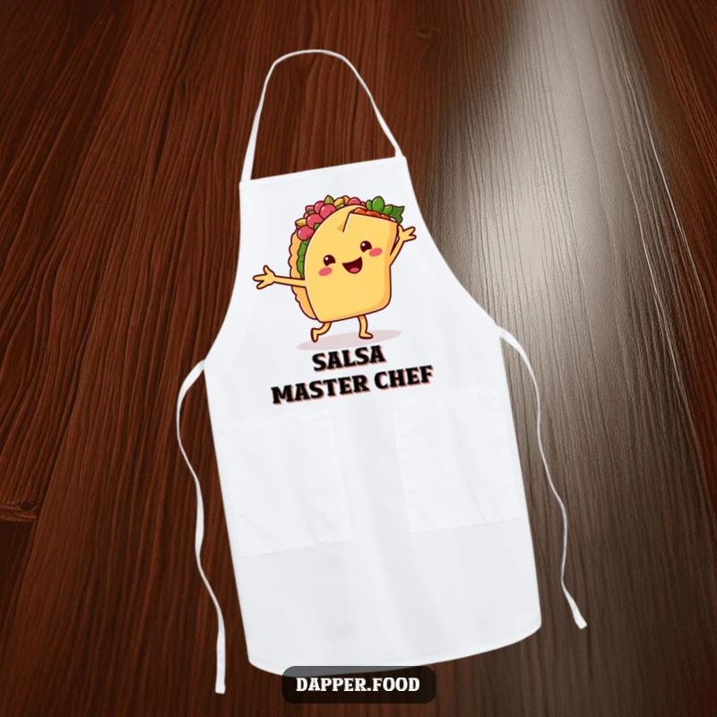 Funny apron featuring a happy taco dancing salsa with a cheerful burrito, for cooks who love to bring the fiesta.