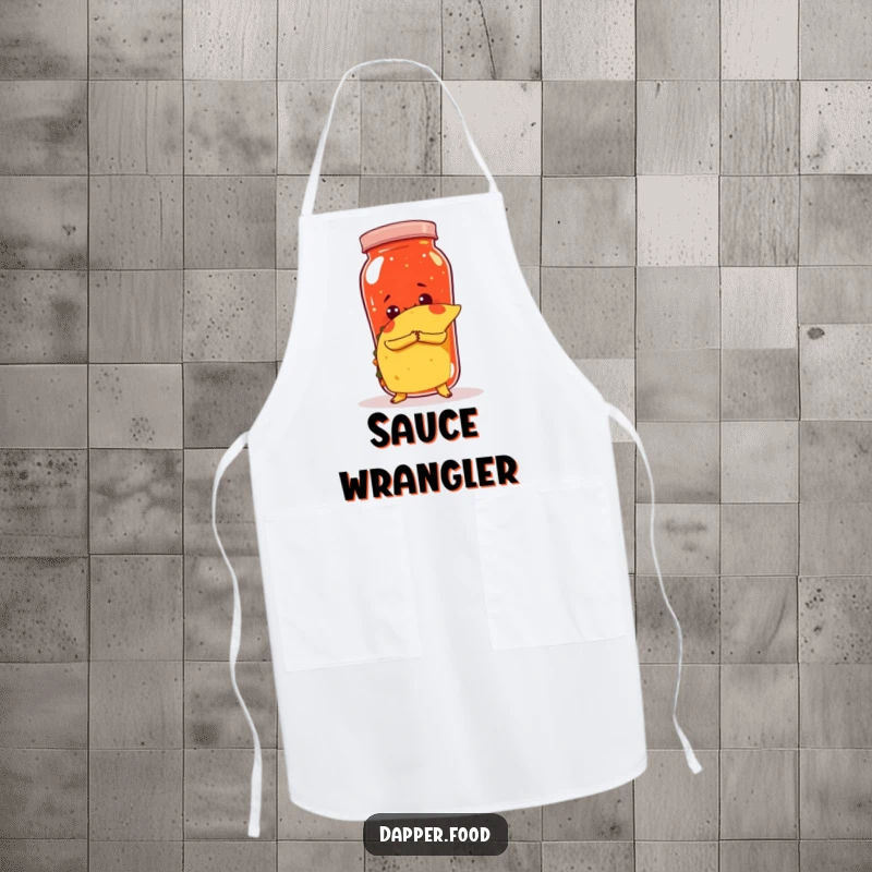 Funny apron showing a taco attempting to hug a giant salsa jar, ideal for kitchen use.