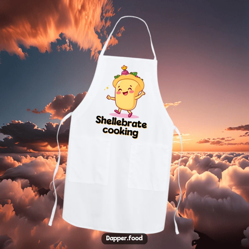 Funny apron featuring a smiling taco character dancing energetically with tiny castanets, ready to add fun to cooking.