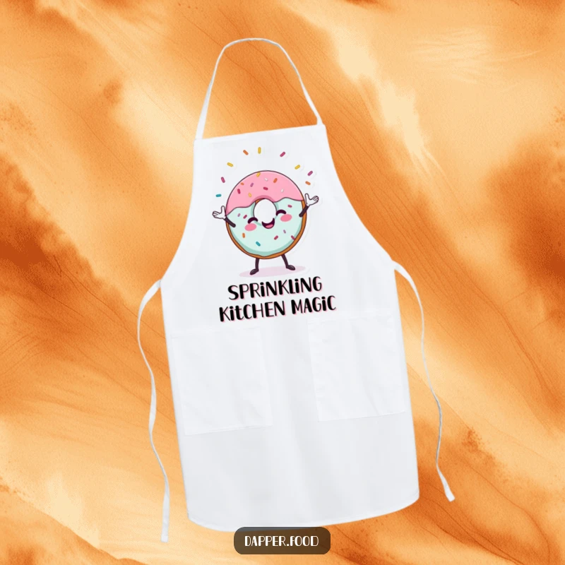 Funny donut apron showing a cheerful donut character juggling sprinkles while baking, a fun kitchen accessory.