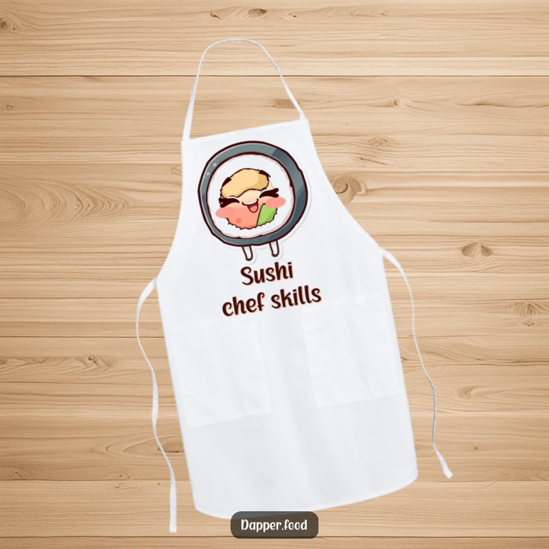 Funny apron showing a happy sushi roll character spinning with its eyes closed, ready to bring fun to the kitchen.