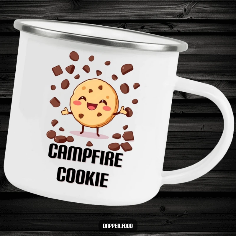 Funny camping mug illustrating a grinning cookie enthusiastically juggling chocolate chips, ideal for sweet outdoor fun.