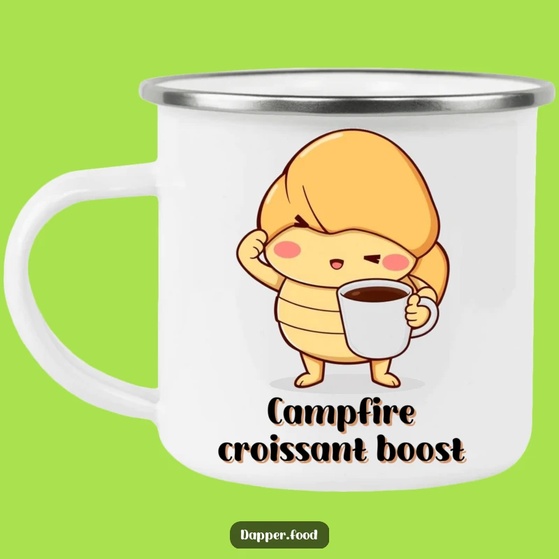 Funny Croissant Coffee Pose Enamel Camping Mug - Dramatic Outdoor Brew