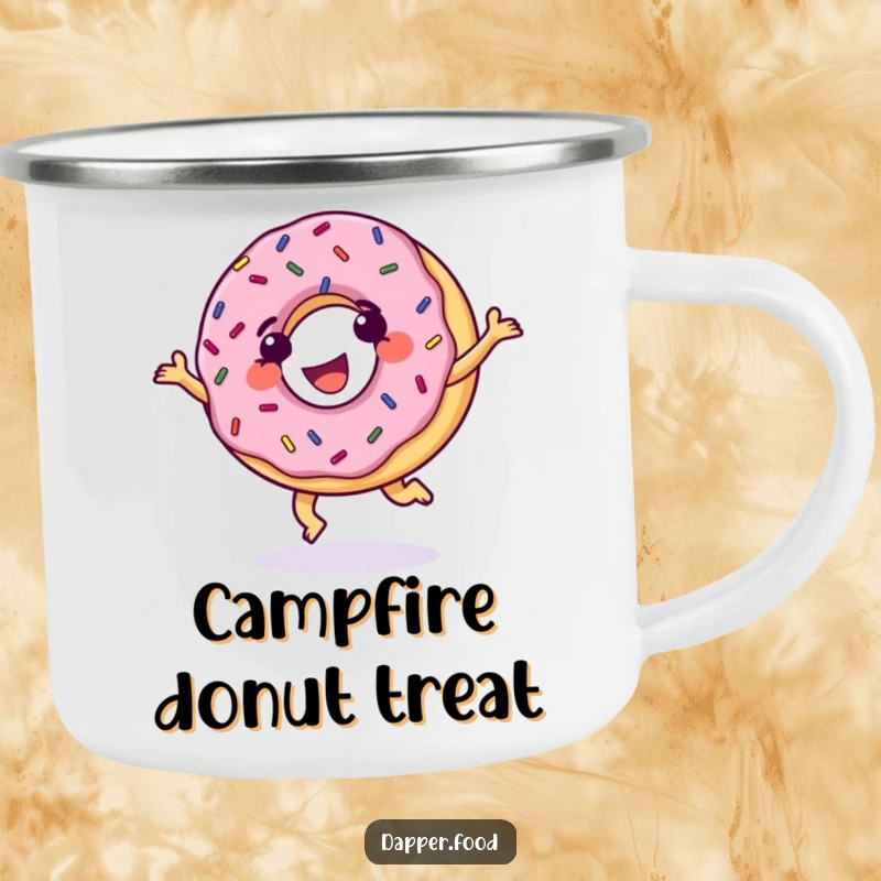 Funny Donut Camping Mug, grinning with sprinkles, cartwheeling with glee, bringing humorous sweet spirit to outdoor adventures.