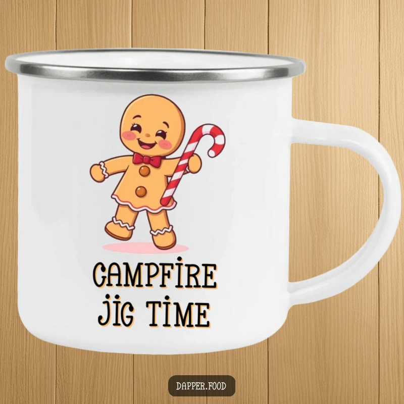 Funny Gingerbread Man Camping Mug, smiling and jigging with a candy cane, bringing humorous festive cheer to outdoor sips.