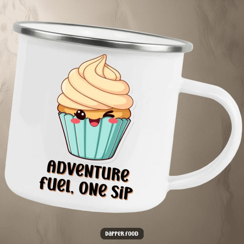 Funny camping mug, a cheeky winking cupcake with tilted frosting, ready for outdoor adventures.