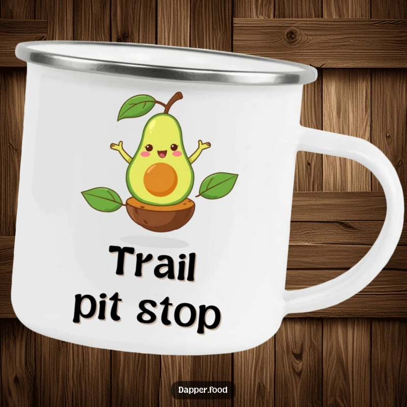 Funny camping mug illustrating a happy avocado performing a flamboyant pirouette on its pit, ideal for healthy outdoor fun.