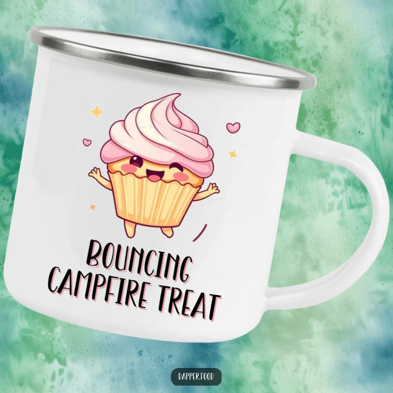 Funny Camping Mug: Cheerful anthropomorphic cupcake character bounces with frosting flying, designed for durability and bringing smiles to outdoor adventures.