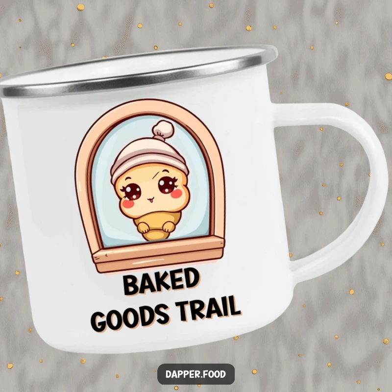 Funny camping mug featuring a curious croissant character with eyes and a tiny hat, peeking from a bakery window, for outdoor enjoyment.