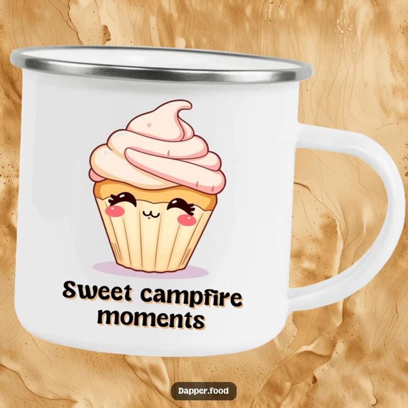 Funny camping mug depicting a giggling cupcake with frosting blowing a kiss, bringing sweet cheer to the outdoors.