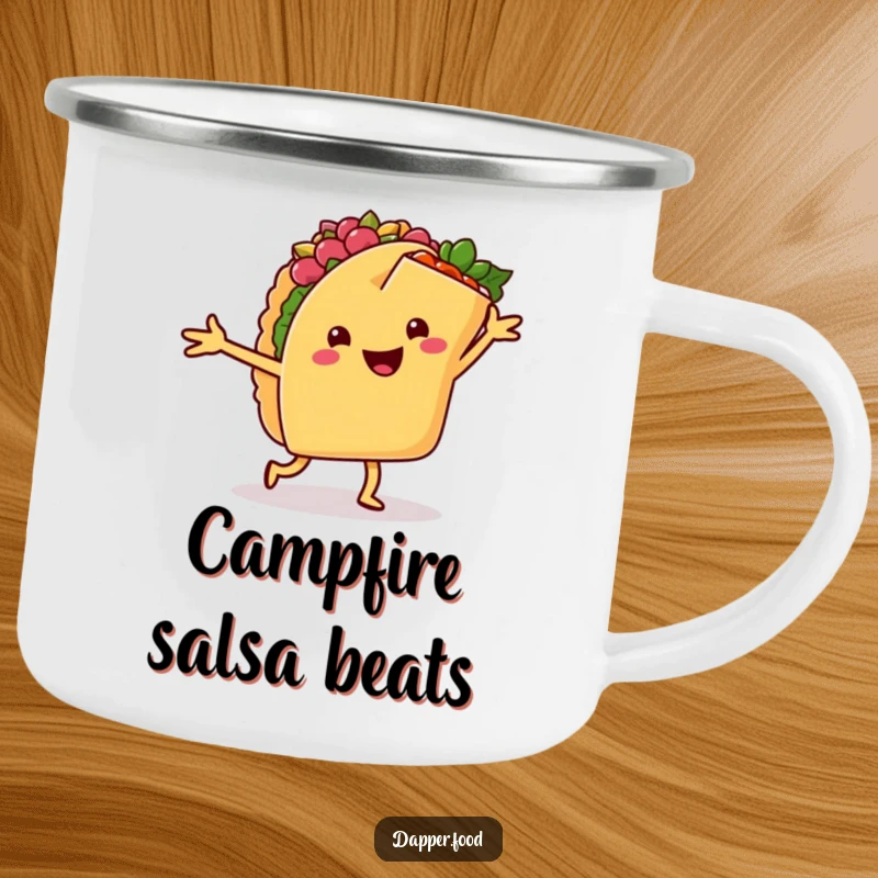 Funny camping mug featuring a happy taco dancing salsa with a cheerful burrito, perfect for outdoor drinks with fiesta humor.