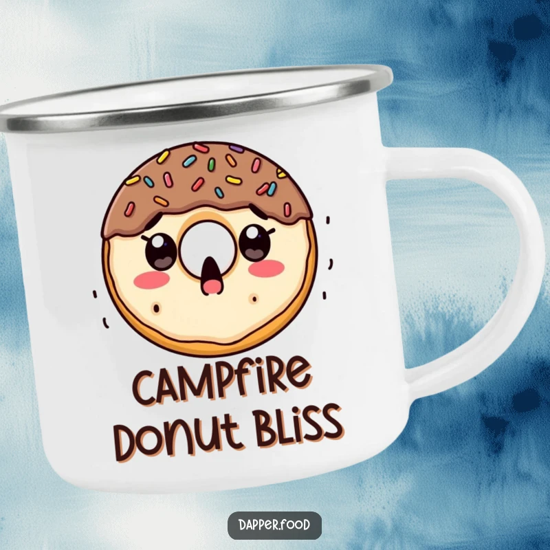 Funny enamel camping mug featuring a surprised doughnut character with sprinkles raining down, perfect for outdoor enjoyment.