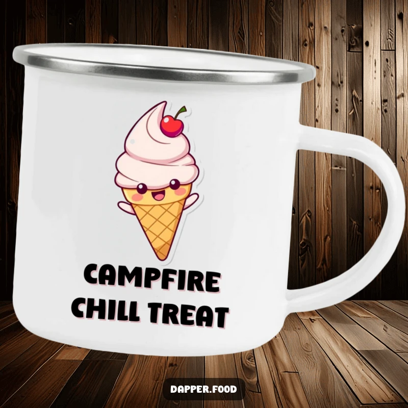 Funny camping mug with a happy ice cream cone character with a cherry topping sliding, perfect for outdoor humor.