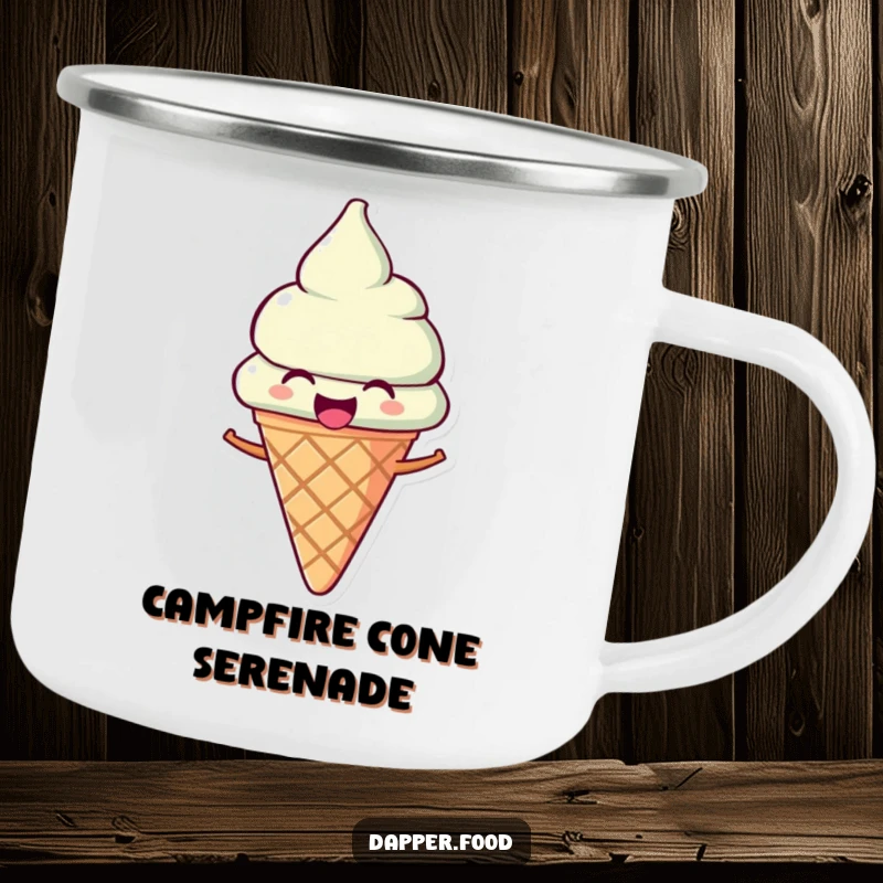 Funny Ice Cream Camping Mug: A joyous ice cream cone character tilted as if singing, perfect for outdoor fun.