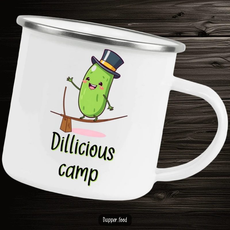 Funny Camping Mug: An anthropomorphic pickle character in a top hat wobbles on a tightrope, designed for durability and outdoor fun.