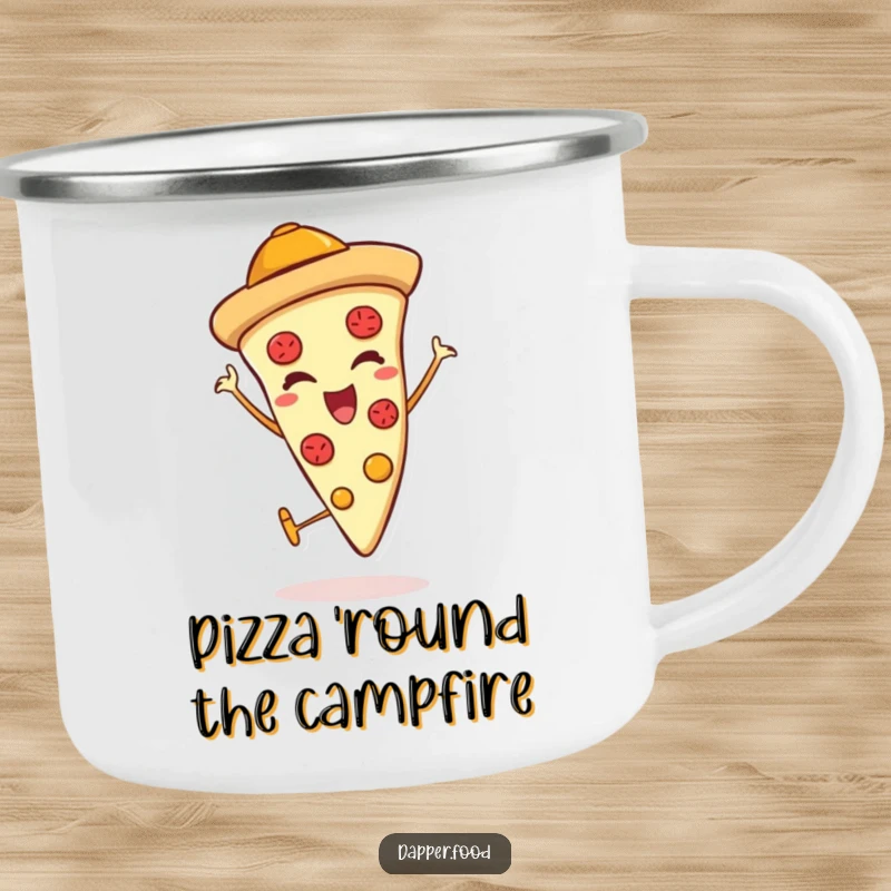 Funny camping mug depicting a pizza slice character wearing a hat, winking and giving a thumbs up, bringing cheesy cheer to the outdoors.