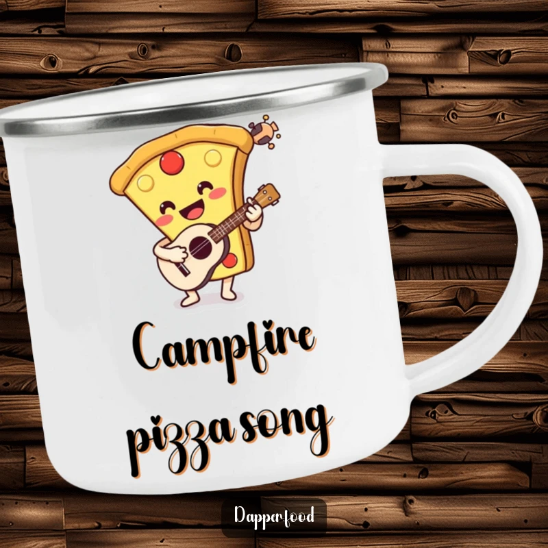Funny camping mug with a smiling pizza slice playing a ukulele. Perfect for outdoor music enjoyment and a humorous gift.