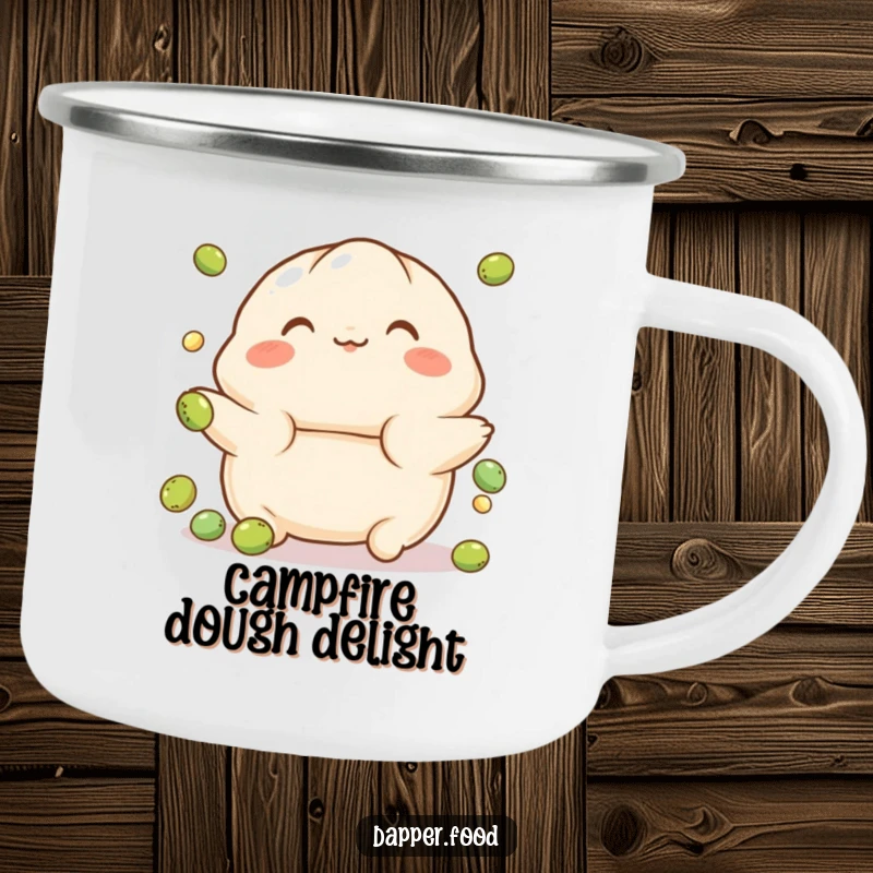 Funny camping mug with a playful, rosy-cheeked dumpling character juggling small peas, perfect for outdoor humor.