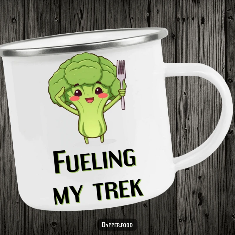 Funny camping mug featuring a proud broccoli floret character with arms, saluting with a tiny fork, for outdoor enjoyment.