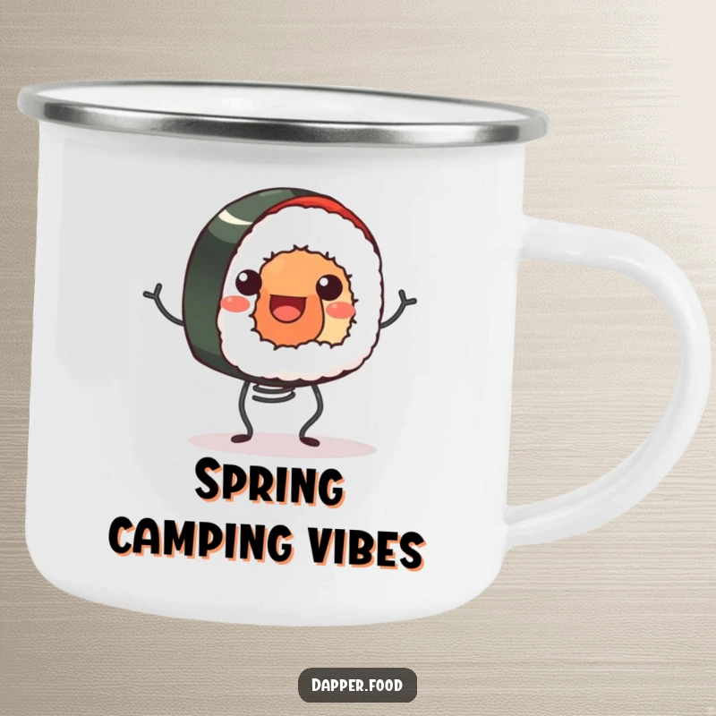 Funny camping mug featuring a smiling sushi roll happily bouncing on tiny spring legs, perfect for outdoor drinks with joyful humor.