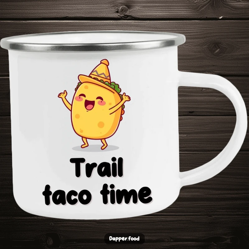 Funny Taco Camping Mug, happily dancing with a tiny sombrero, bringing humorous fiesta spirit to outdoor adventures.