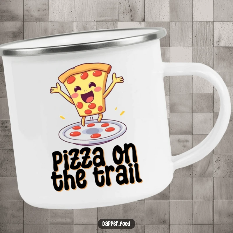 Funny pizza camping mug featuring a delighted pizza slice dramatically leaping from a plate, ready for outdoor adventures.